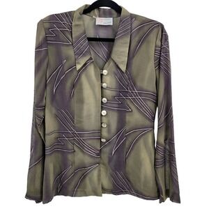 Vtg 70s Artsy‎ Disco Sheer Blouse Top Sz M Sage Abstract Dagger Collar Statement